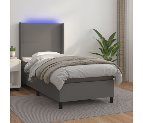 Cama box spring y colchón LED cuero sintético gris 90x200 cm