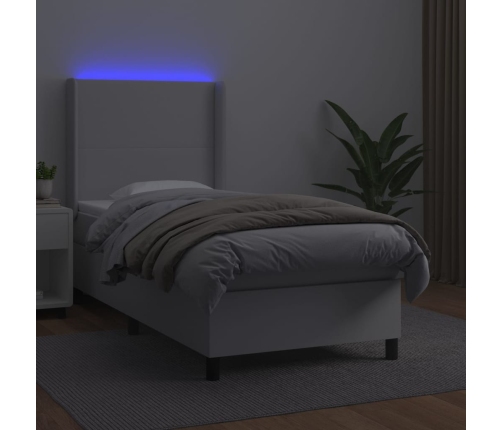 Cama box spring colchón y LED cuero sintético blanco 100x200 cm