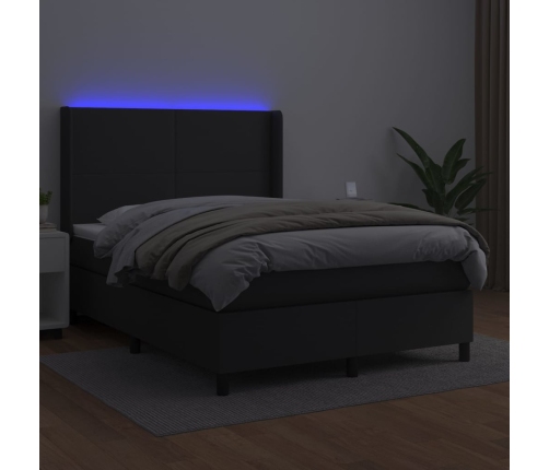 vidaXL Cama box spring colchón y LED cuero sintético negro 140x190 cm