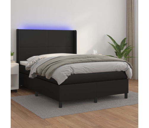 vidaXL Cama box spring colchón y LED cuero sintético negro 140x190 cm