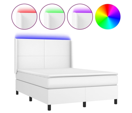 Cama box spring colchón y LED cuero sintético blanco 140x190 cm