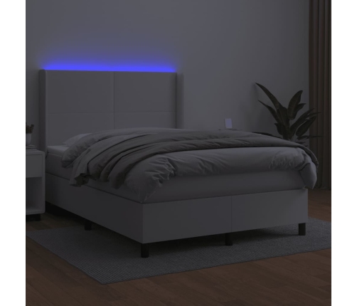 Cama box spring colchón y LED cuero sintético blanco 140x190 cm