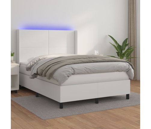 Cama box spring colchón y LED cuero sintético blanco 140x190 cm