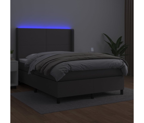 Cama box spring colchón y LED cuero sintético gris 140x190 cm