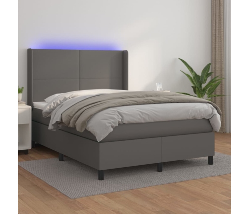 Cama box spring colchón y LED cuero sintético gris 140x190 cm