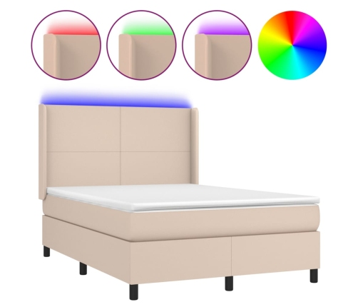 Cama box spring colchón LED cuero sintético capuchino 140x190cm