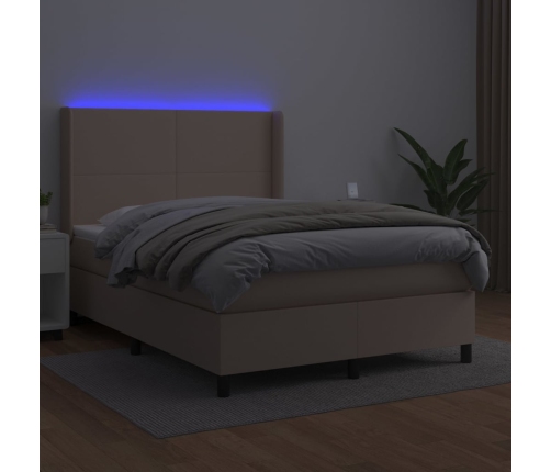 Cama box spring colchón LED cuero sintético capuchino 140x190cm