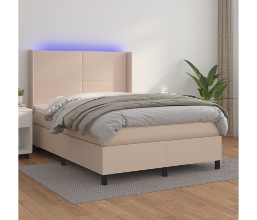 Cama box spring colchón LED cuero sintético capuchino 140x190cm