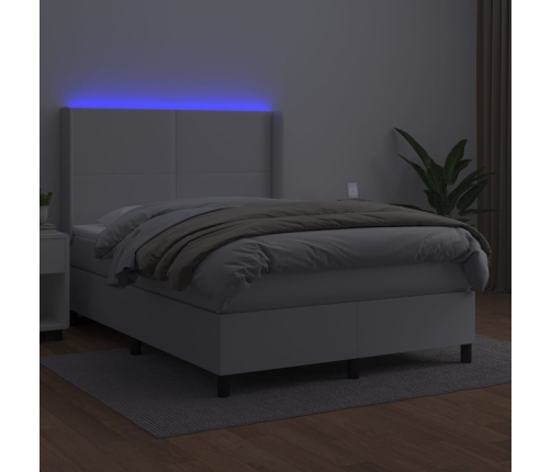 Cama box spring colchón y LED cuero sintético blanco 140x200 cm