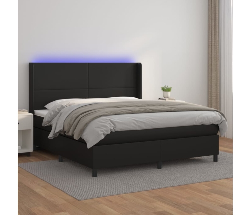 vidaXL Cama box spring colchón y LED cuero sintético negro 160x200 cm