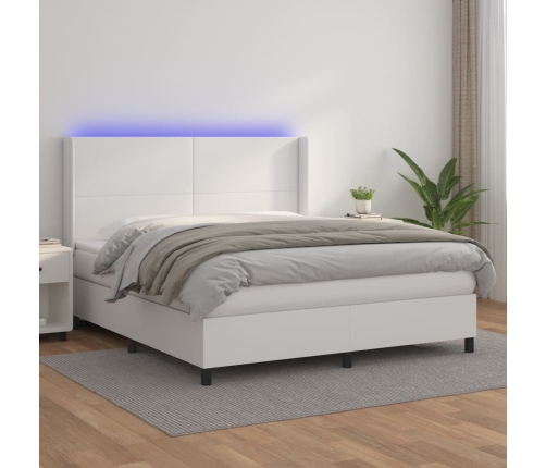Cama box spring colchón y LED cuero sintético blanco 160x200 cm