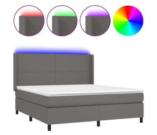 Cama box spring colchón y LED cuero sintético gris 160x200 cm