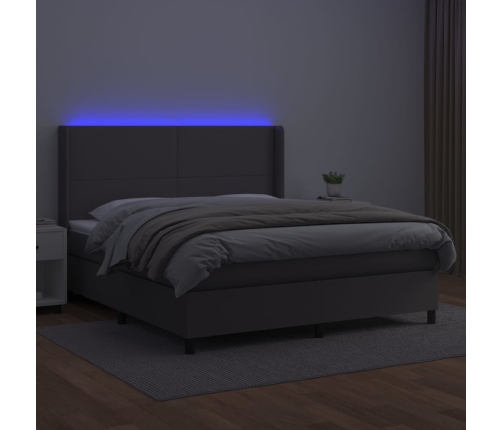 Cama box spring colchón y LED cuero sintético gris 160x200 cm