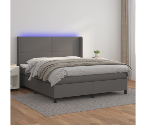 Cama box spring colchón y LED cuero sintético gris 160x200 cm