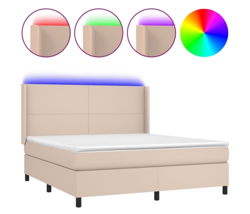 Cama box spring colchón LED cuero sintético capuchino 160x200cm