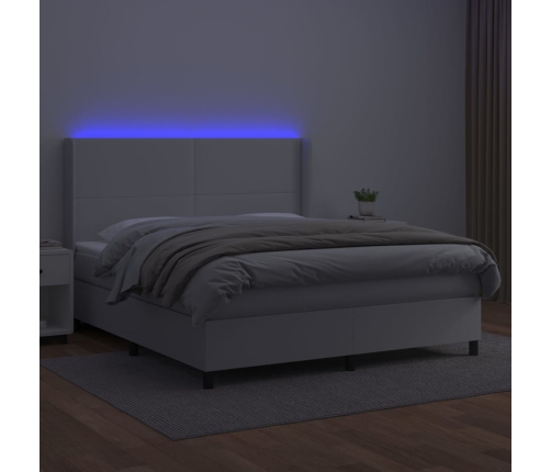 Cama box spring colchón y LED cuero sintético blanco 180x200 cm