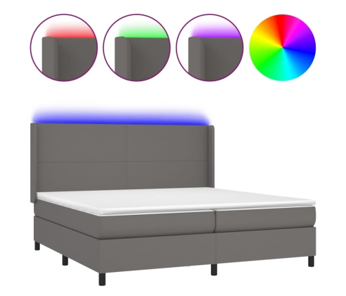 Cama box spring colchón y LED cuero sintético gris 200x200 cm