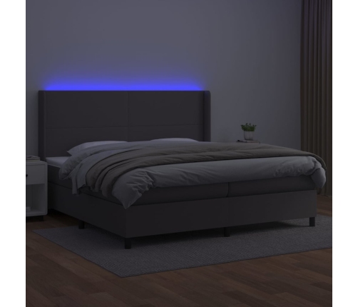 Cama box spring colchón y LED cuero sintético gris 200x200 cm