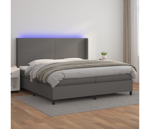 Cama box spring colchón y LED cuero sintético gris 200x200 cm