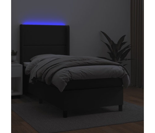 Cama box spring y colchón LED cuero sintético negro 80x200 cm