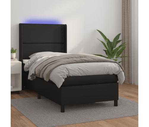 Cama box spring y colchón LED cuero sintético negro 80x200 cm