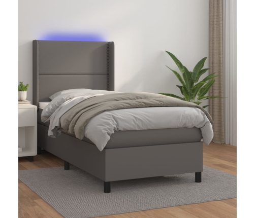 Cama box spring y colchón LED cuero sintético gris 90x190 cm