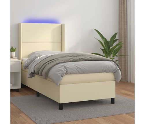 Cama box spring colchón y LED cuero sintético crema 100x200 cm