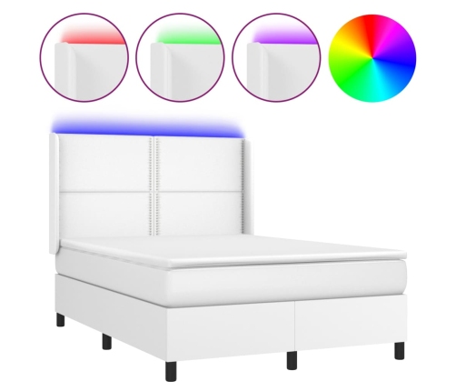 vidaXL Cama box spring colchón y LED cuero sintético blanco 140x190 cm