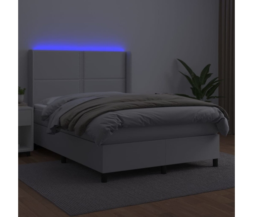 vidaXL Cama box spring colchón y LED cuero sintético blanco 140x190 cm