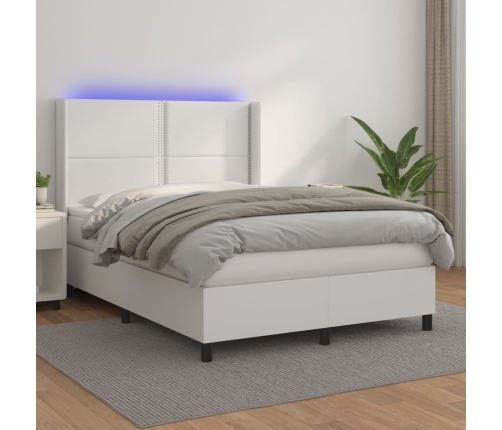 vidaXL Cama box spring colchón y LED cuero sintético blanco 140x190 cm