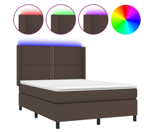 vidaXL Cama box spring colchón y LED cuero sintético marrón 140x190 cm