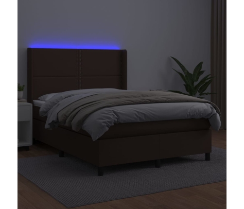 vidaXL Cama box spring colchón y LED cuero sintético marrón 140x190 cm