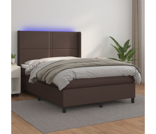 vidaXL Cama box spring colchón y LED cuero sintético marrón 140x190 cm