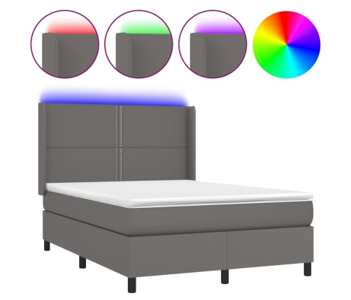Cama box spring colchón y LED cuero sintético gris 140x190 cm