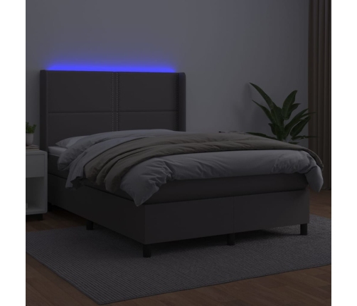 Cama box spring colchón y LED cuero sintético gris 140x190 cm