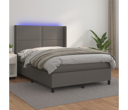 Cama box spring colchón y LED cuero sintético gris 140x190 cm
