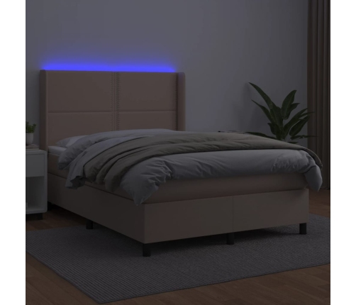 Cama box spring colchón LED cuero sintético capuchino 140x190cm