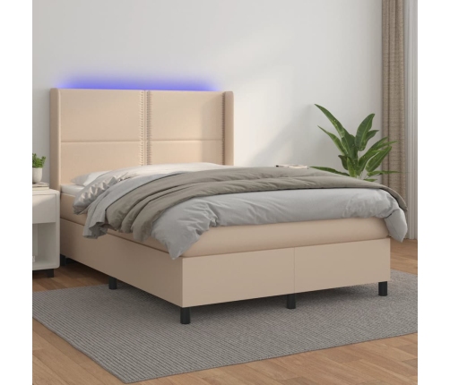 Cama box spring colchón LED cuero sintético capuchino 140x190cm