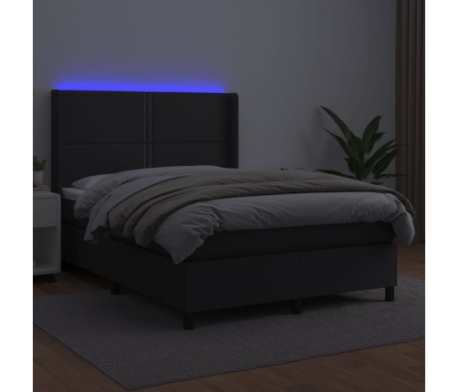 Cama box spring colchón y LED cuero sintético negro 140x200 cm