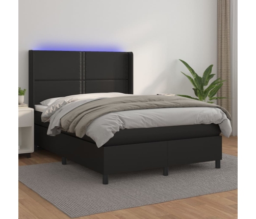 Cama box spring colchón y LED cuero sintético negro 140x200 cm