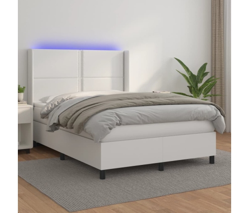 Cama box spring colchón y LED cuero sintético blanco 140x200 cm