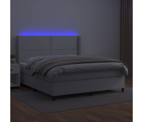 Cama box spring colchón y LED cuero sintético blanco 160x200 cm