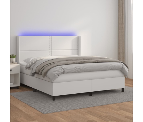 Cama box spring colchón y LED cuero sintético blanco 160x200 cm