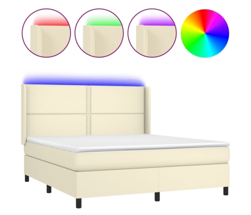 Cama box spring colchón y LED cuero sintético crema 160x200 cm