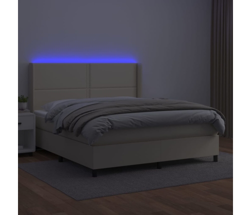 Cama box spring colchón y LED cuero sintético crema 160x200 cm