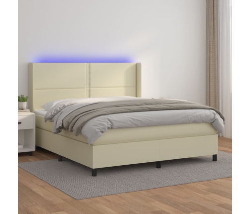 Cama box spring colchón y LED cuero sintético crema 160x200 cm