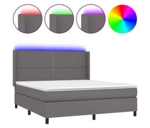 Cama box spring colchón y LED cuero sintético gris 160x200 cm