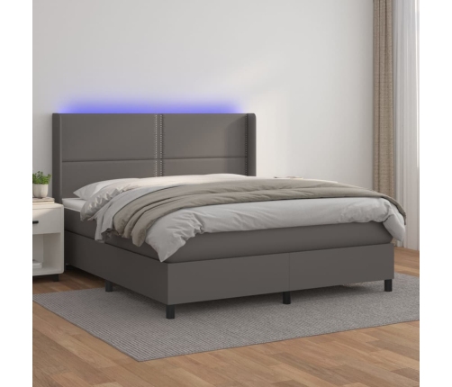 Cama box spring colchón y LED cuero sintético gris 160x200 cm