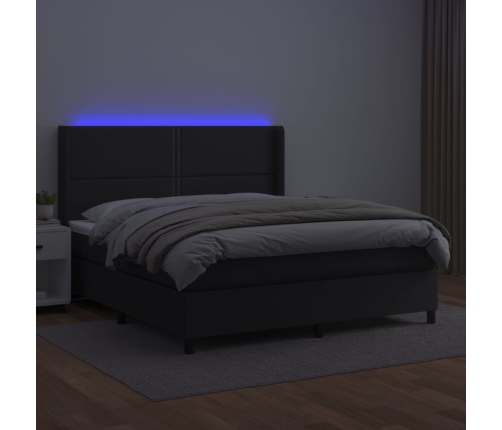 Cama box spring colchón y LED cuero sintético negro 180x200 cm