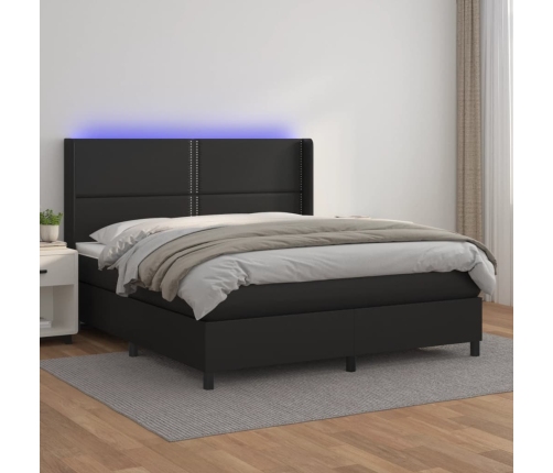 Cama box spring colchón y LED cuero sintético negro 180x200 cm